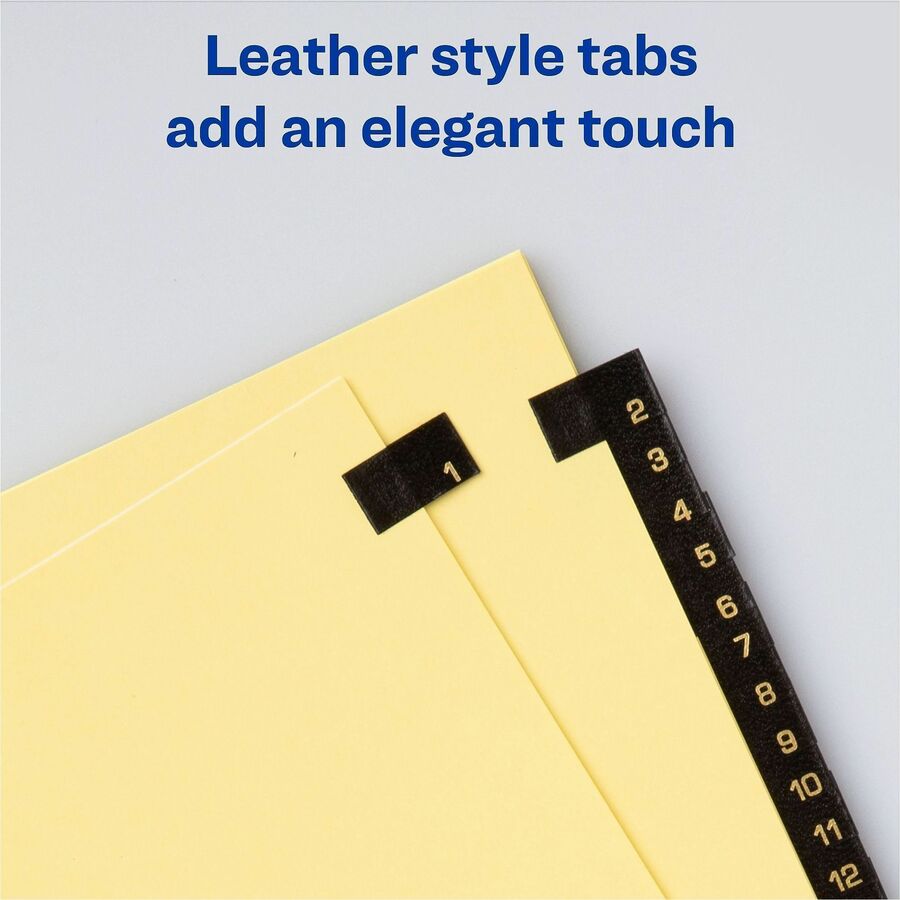 Avery Preprinted Tab Dividers, Gold Reinforced Edge, 31 Dividers per Set, Numbered 1-31, Letter Size, 3-Hole Punched, Buff Paper, Black Leather Tabs, 30% Recycled Content