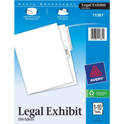 Avery Premium Collated Legal Exhibit Dividers with Table of Contents Tab, 11 Dividers per Set, Numbered 1-10, White, Reinforced Tabs, Unpunched, 10 Sets