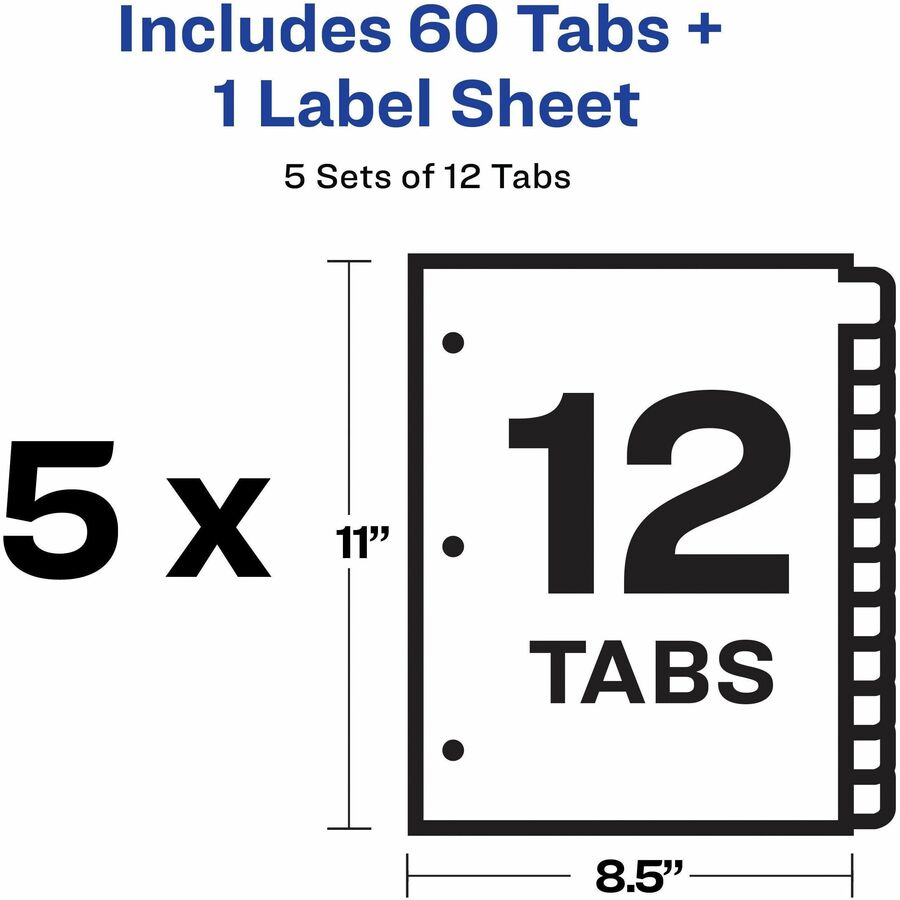 Avery Index Maker Dividers, 60 Dividers, 12 Multicolor Tabs/Set, 8.5" x 11", 3-Hole Punched, White, Recycled Paper, Double-Sided, Reinforced, Tear Resistant, Printable, 1 Pack