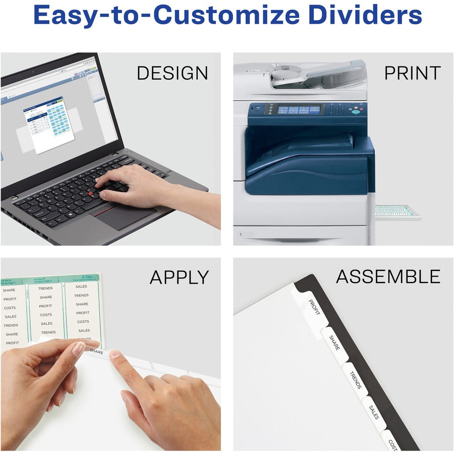 Avery&reg; Print & Apply Clear Label Dividers - Index Maker Easy Peel Printable Labels - 5 x Divider(s) - Blank Tab(s) - 5 Tab(s)/Set - 8.5" Divider Width x 11" Divider Length - Letter - White Divider - White Tab(s) - 20% Recycled - Punched - 1 Pack