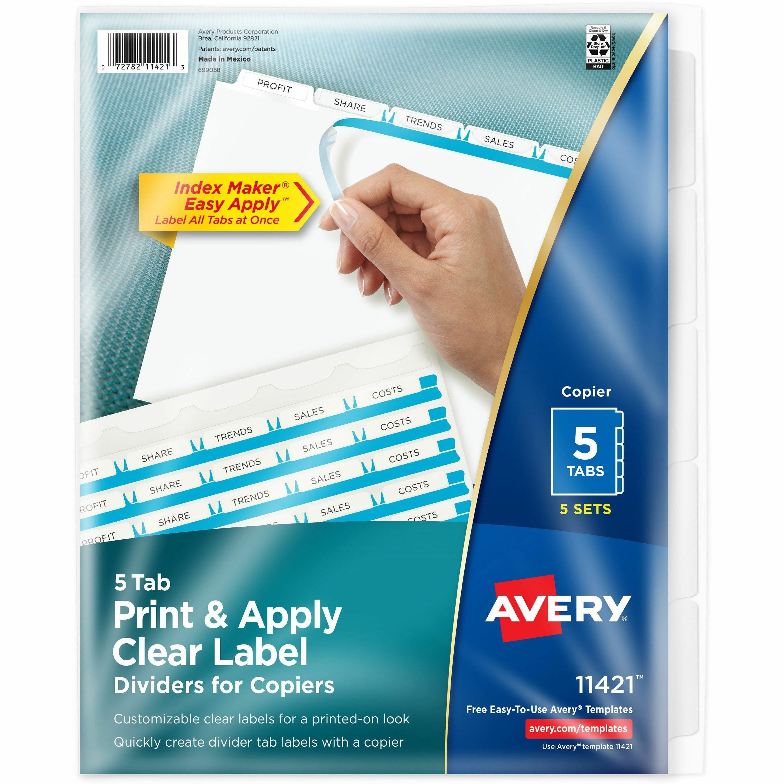 Avery&reg; Print & Apply Clear Label Dividers - Index Maker Easy Peel Printable Labels - 5 x Divider(s) - Blank Tab(s) - 5 Tab(s)/Set - 8.5" Divider Width x 11" Divider Length - Letter - White Divider - White Tab(s) - 20% Recycled - Punched - 1 Pack
