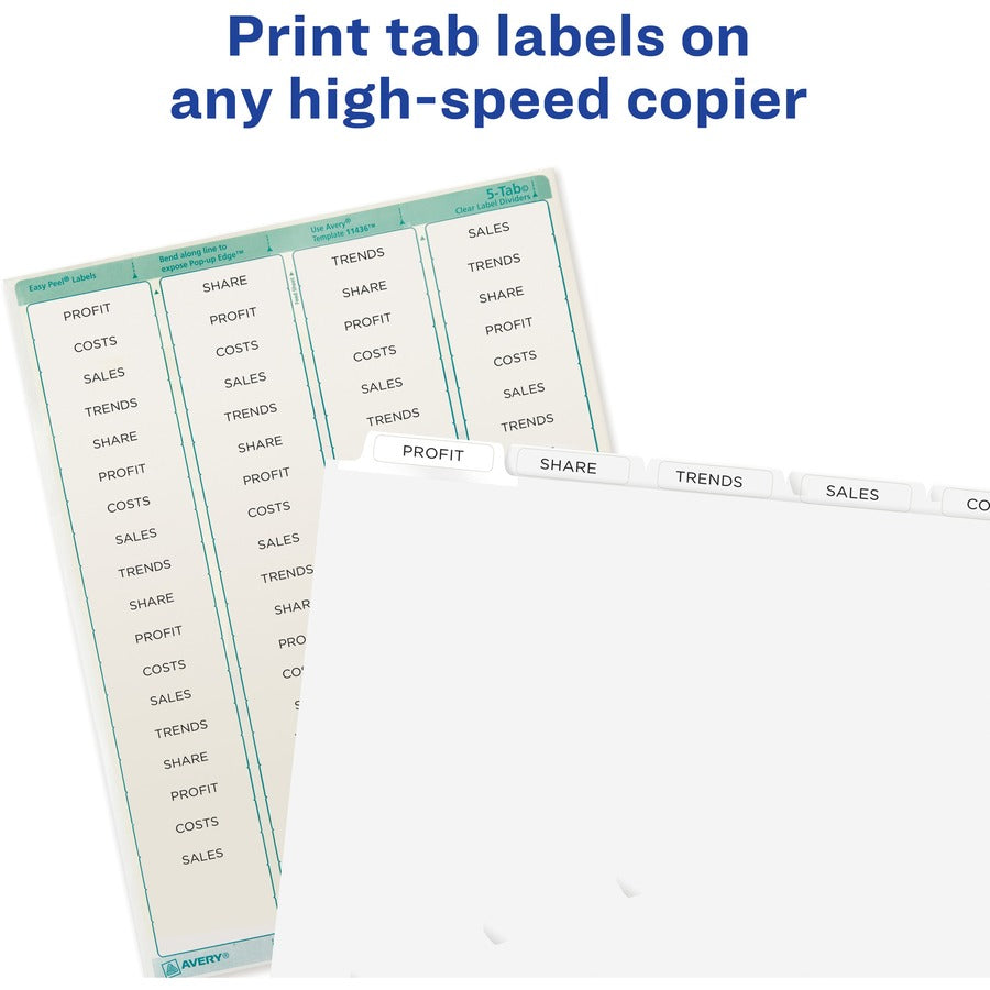 Avery&reg; Print & Apply Clear Label Dividers - Index Maker Easy Peel Printable Labels - 5 x Divider(s) - Blank Tab(s) - 5 Tab(s)/Set - 8.5" Divider Width x 11" Divider Length - Letter - White Divider - White Tab(s) - 20% Recycled - Punched - 1 Pack