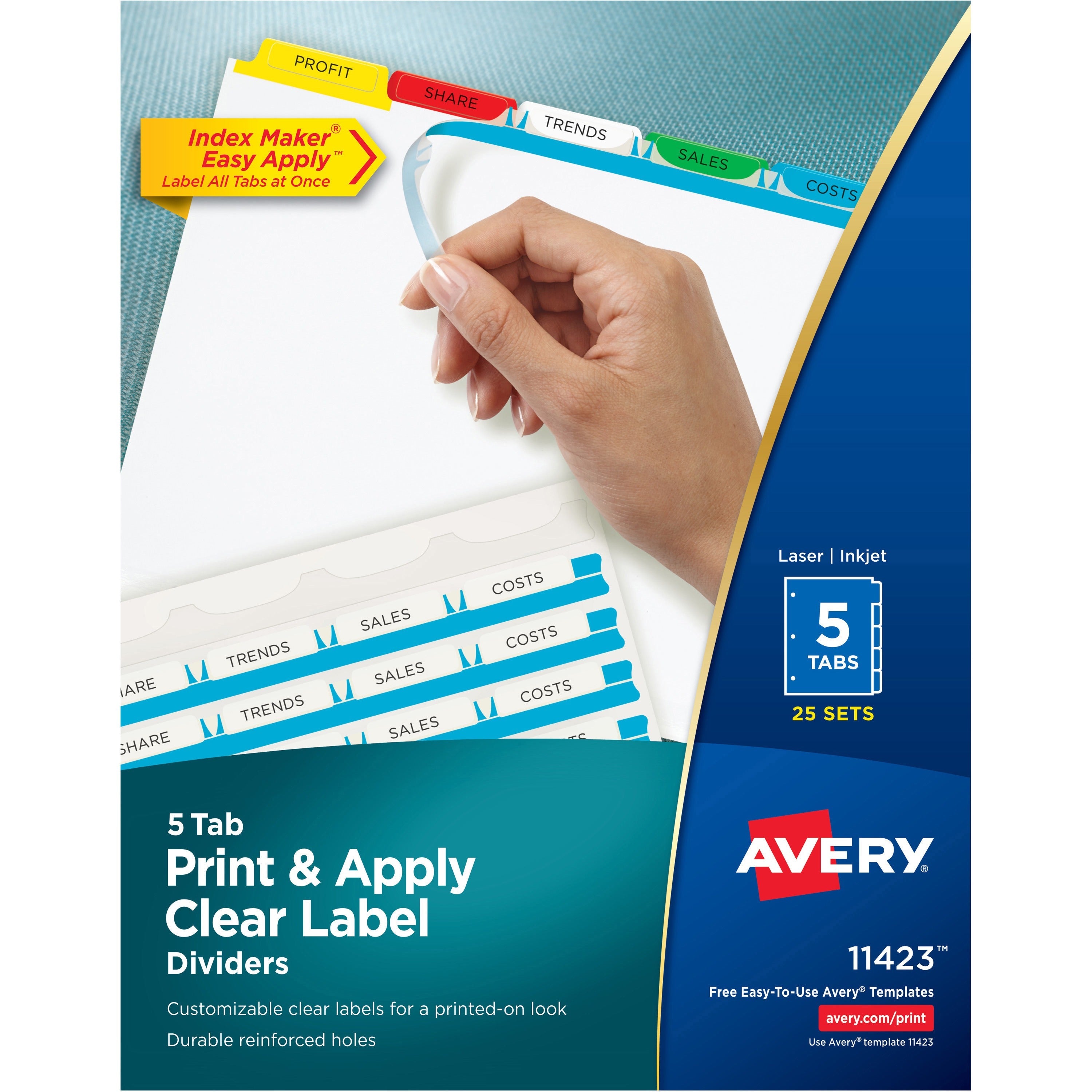 Avery&reg; Index Maker Index Divider - 125 x Divider(s) - 5 - 5 Tab(s)/Set - 8.5" Divider Width x 11" Divider Length - 3 Hole Punched - White Paper Divider - Multicolor Paper Tab(s) - 1 Box