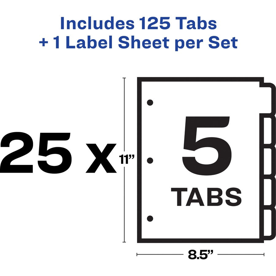 Avery&reg; Index Maker Index Divider - 125 x Divider(s) - 5 - 5 Tab(s)/Set - 8.5" Divider Width x 11" Divider Length - 3 Hole Punched - White Paper Divider - Multicolor Paper Tab(s) - 1 Box