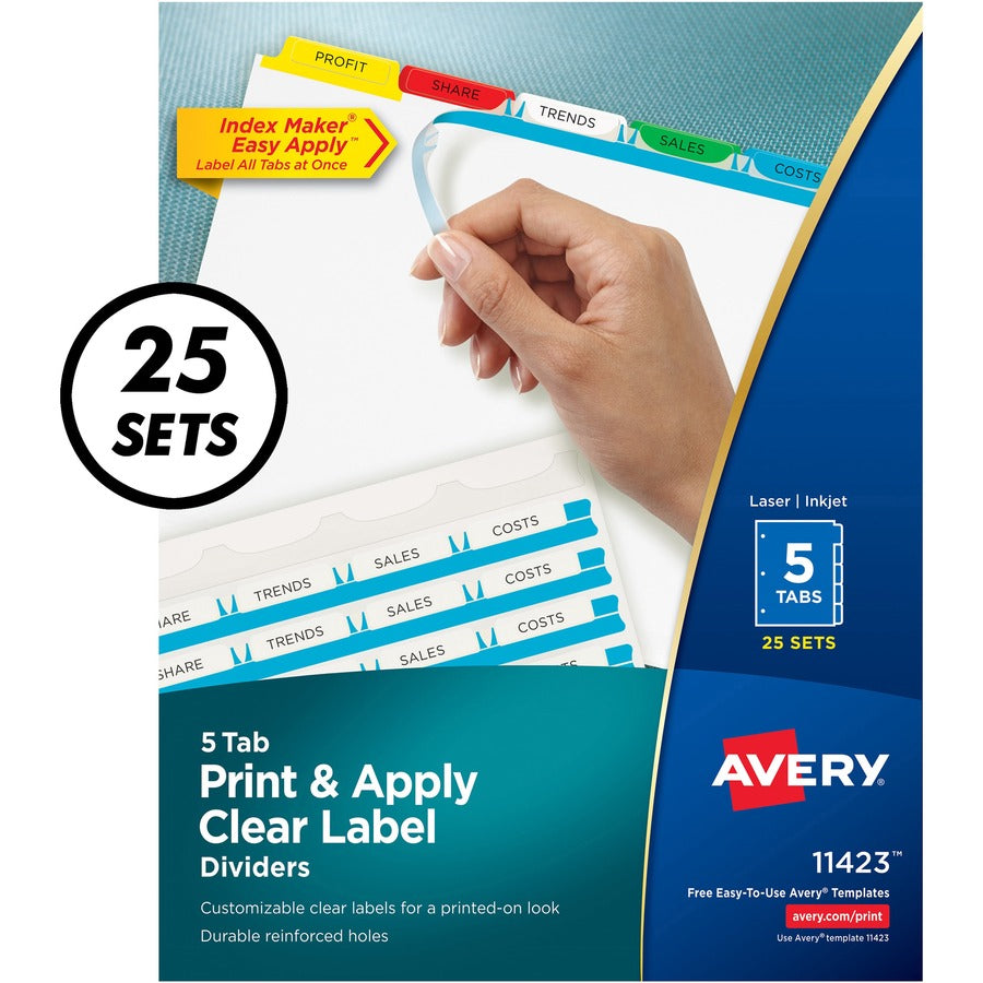 Avery&reg; Index Maker Index Divider - 125 x Divider(s) - 5 - 5 Tab(s)/Set - 8.5" Divider Width x 11" Divider Length - 3 Hole Punched - White Paper Divider - Multicolor Paper Tab(s) - 1 Box