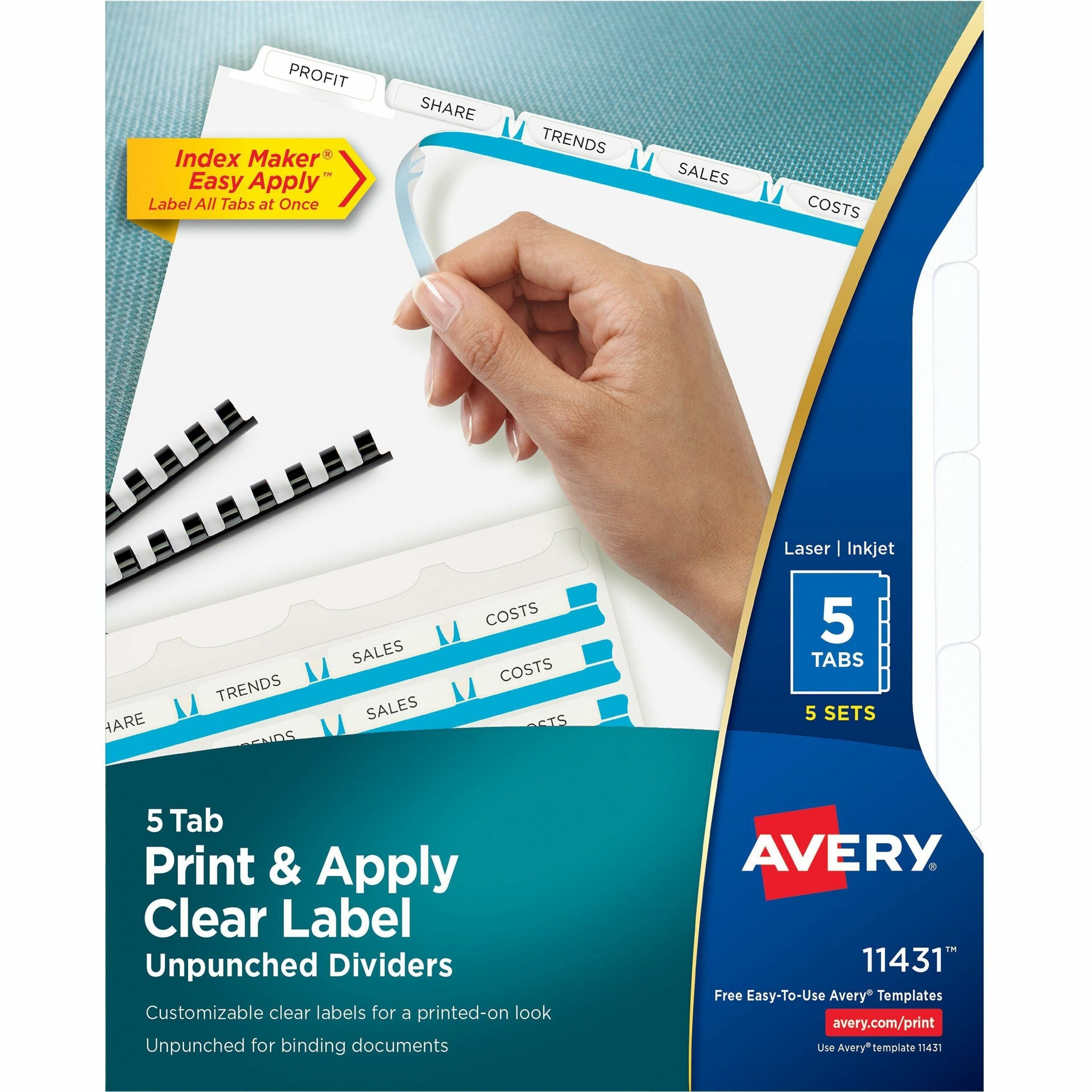 Avery Print & Apply Label Unpunched Dividers, 25 Dividers, 5 Blank White Tabs/Set, 8.5" x 11", Letter Size, 1 Pack, 20% Recycled, Reinforced Edges
