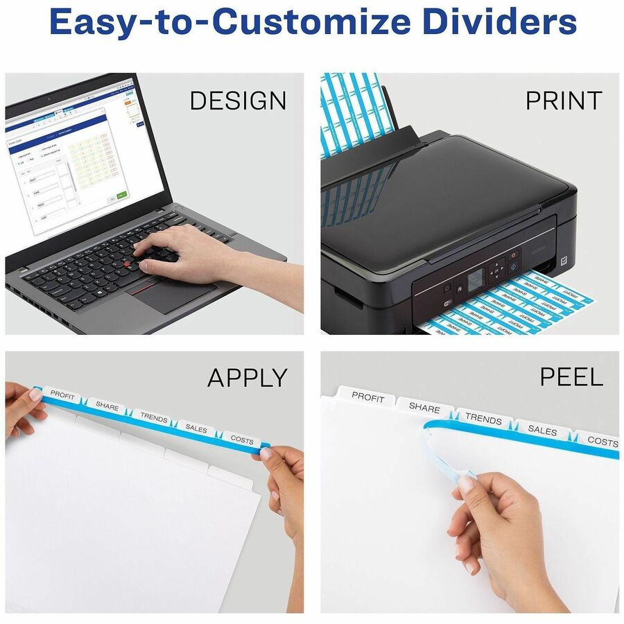 Avery Print & Apply Label Unpunched Dividers, 25 Dividers, 5 Blank White Tabs/Set, 8.5" x 11", Letter Size, 1 Pack, 20% Recycled, Reinforced Edges