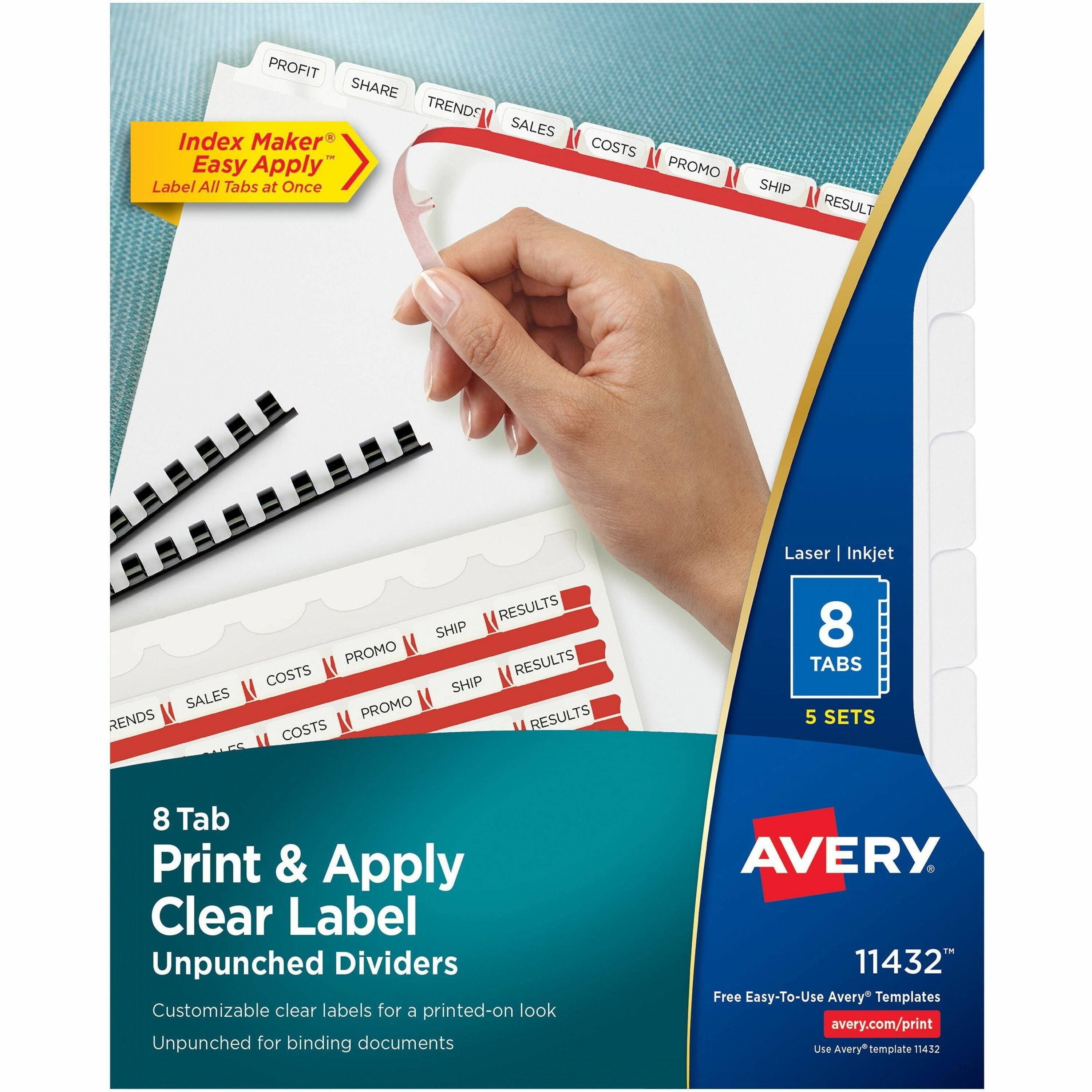 Avery Print & Apply Label Unpunched Dividers, 40 Dividers, 8 Blank White Tabs per Set, Letter Size, 8.5" x 11", 1 Pack, 20% Recycled, Reinforced Edges