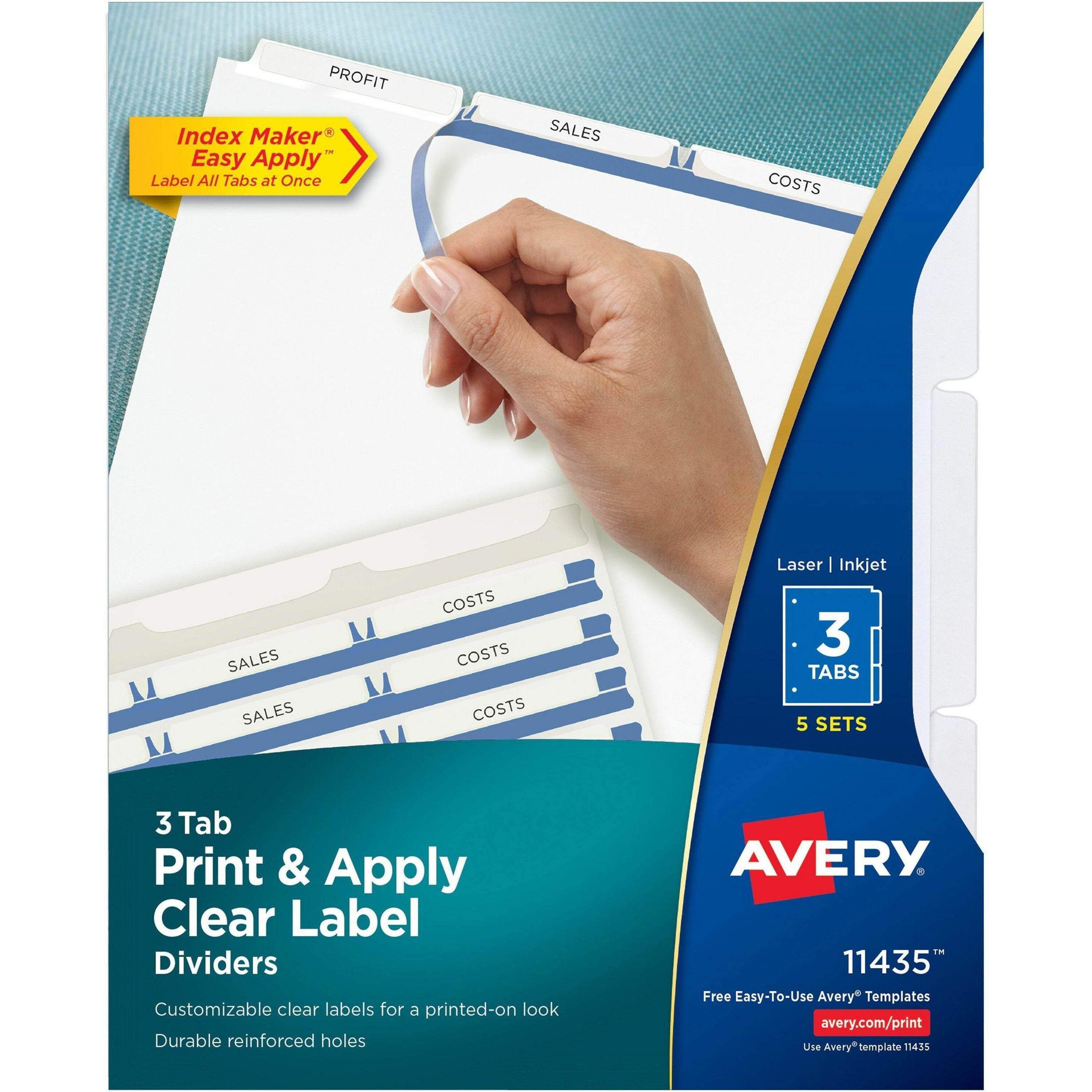 Avery Print & Apply Clear Label Dividers, 15 Dividers, 3 Blank Tabs per Set, 8.5" x 11", Letter Size, 3-Hole Punched, White, 20% Recycled, Tear Resistant, Durable, 1 Pack