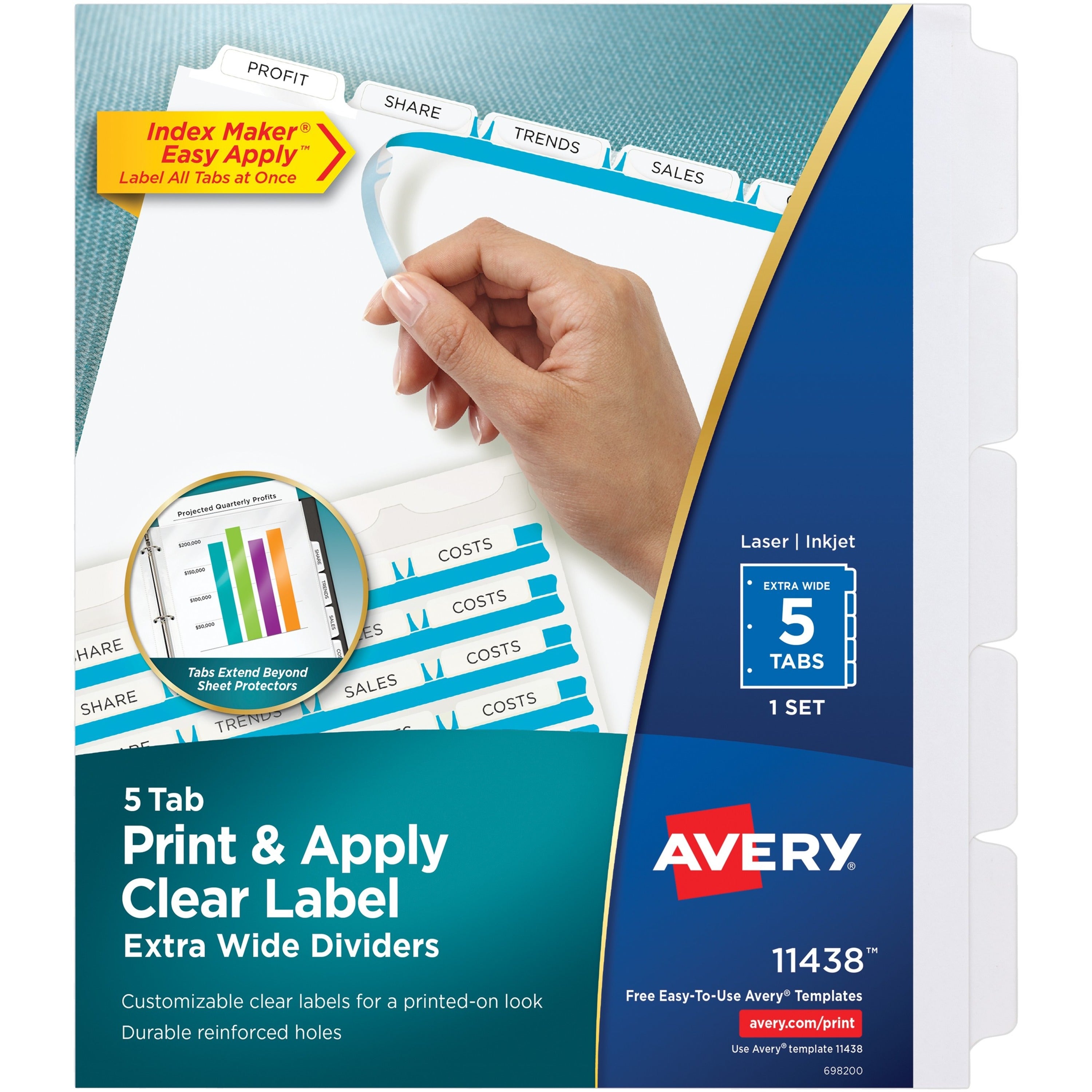 Avery Index Maker Index Divider, 5 Dividers per Set, 5 Tabs, 9.3" x 11.25", 3-Hole Punched, White, Reinforced, Extra Wide, Printable, Durable, Tear Resistant, 1 Set