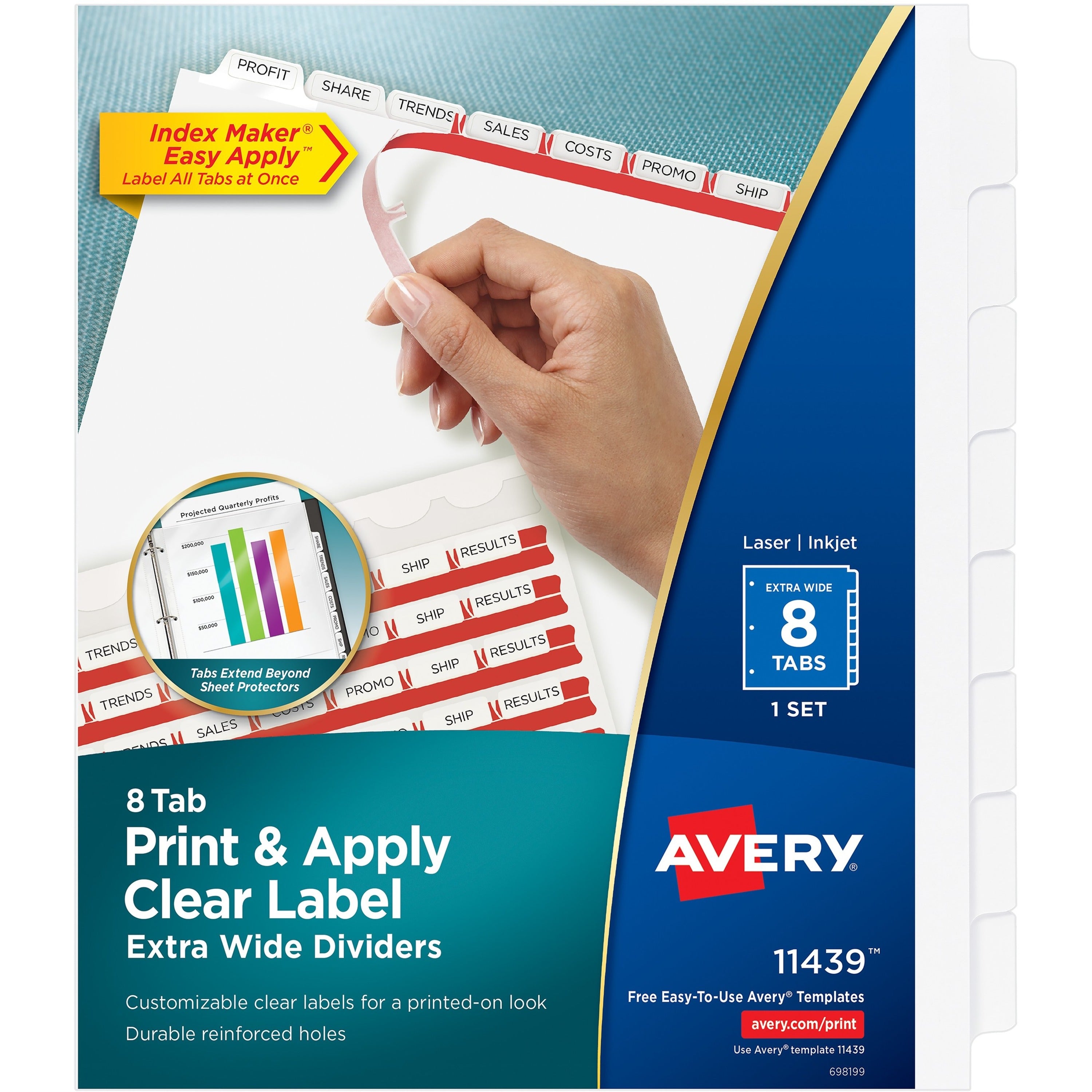 Avery Index Maker Index Divider, 8 Dividers per Set, 8 Tabs, 9.3" x 11.25", 3-Hole Punched, White, Extra Wide, Reinforced Tabs and Edges, Printable, Durable, Tear Resistant, 1 Set
