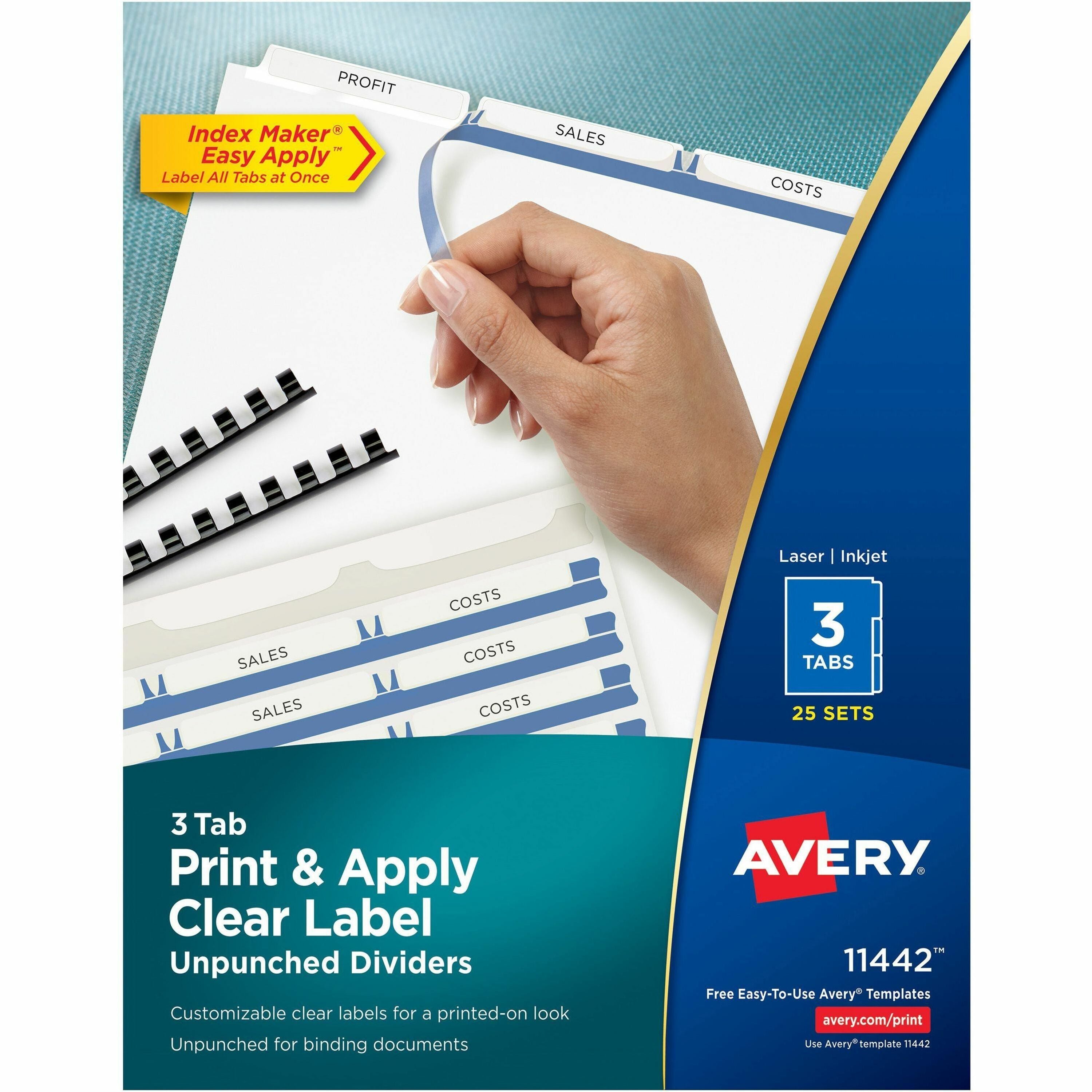 Avery Print & Apply Label Unpunched Dividers, 75 Dividers, 3 Blank White Tabs per Set, Letter Size, White, Reinforced Edges, 20% Recycled, 1 Box
