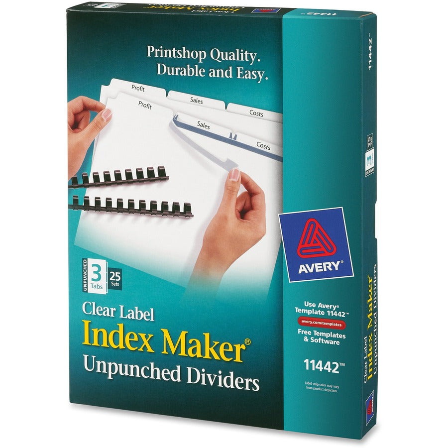 Avery Print & Apply Label Unpunched Dividers, 75 Dividers, 3 Blank White Tabs per Set, Letter Size, White, Reinforced Edges, 20% Recycled, 1 Box