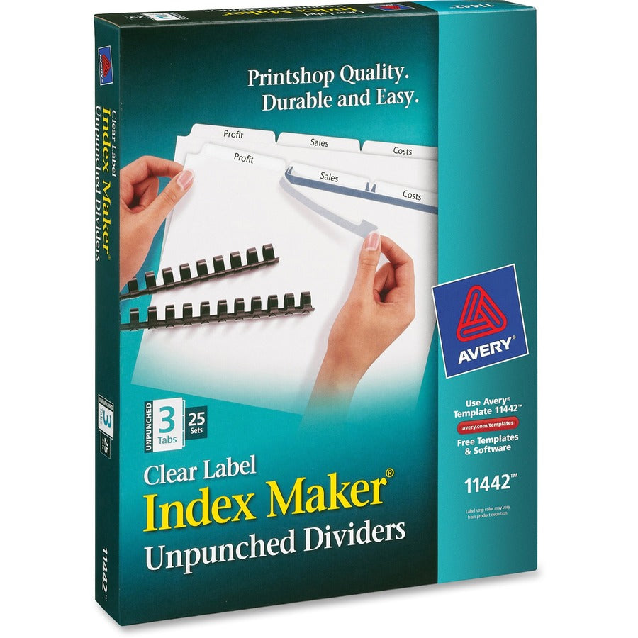 Avery Print & Apply Label Unpunched Dividers, 75 Dividers, 3 Blank White Tabs per Set, Letter Size, White, Reinforced Edges, 20% Recycled, 1 Box