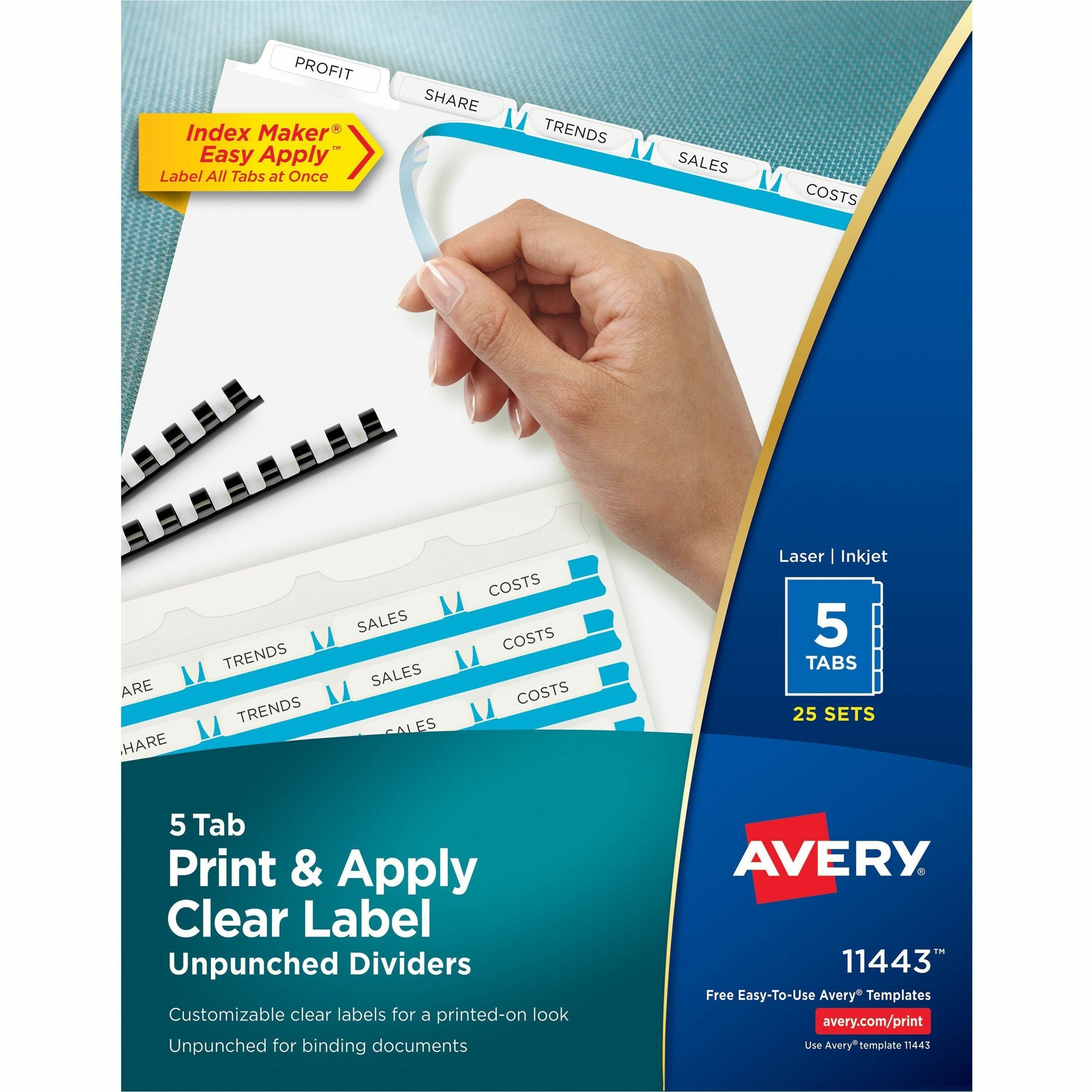 Avery Print & Apply Label Unpunched Dividers, 125 Dividers, 5 Blank White Tabs per Set, Letter Size, White, 1 Box, 20% Recycled, Reinforced Edges