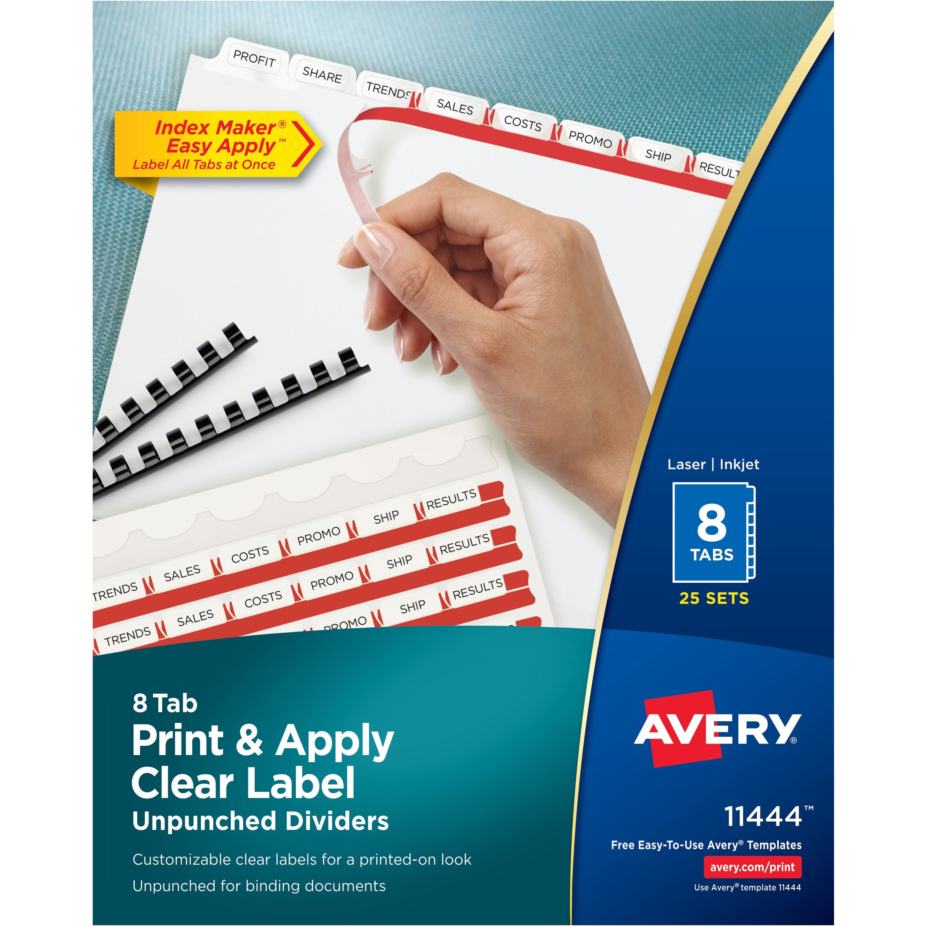 Avery Print & Apply Label Unpunched Dividers, 200 Dividers, 8 Blank White Tabs per Set, 8.5" x 11", Letter Size, 1 Box, 20% Recycled, Reinforced Edges