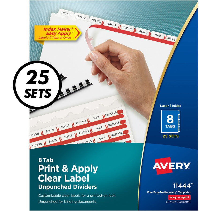 Avery Print & Apply Label Unpunched Dividers, 200 Dividers, 8 Blank White Tabs per Set, 8.5" x 11", Letter Size, 1 Box, 20% Recycled, Reinforced Edges
