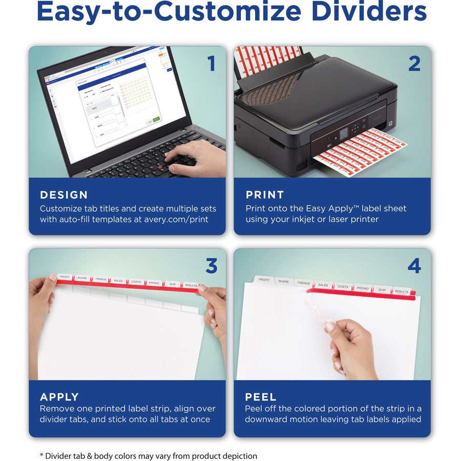 Avery Print & Apply Label Unpunched Dividers, 200 Dividers, 8 Blank White Tabs per Set, 8.5" x 11", Letter Size, 1 Box, 20% Recycled, Reinforced Edges