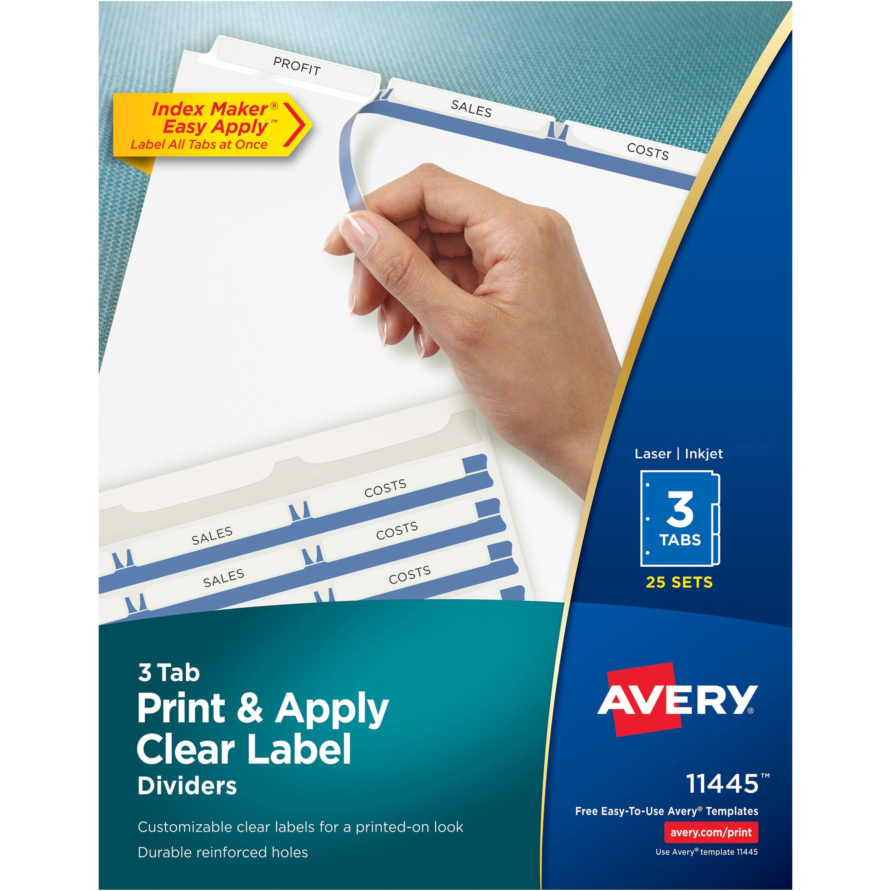Avery Print & Apply Clear Label Dividers, 75 Dividers, 3 Blank White Tabs per Set, 8.5" x 11", Letter Size, 3-Hole Punched, 20% Recycled, Tear Resistant, Durable, 1 Box