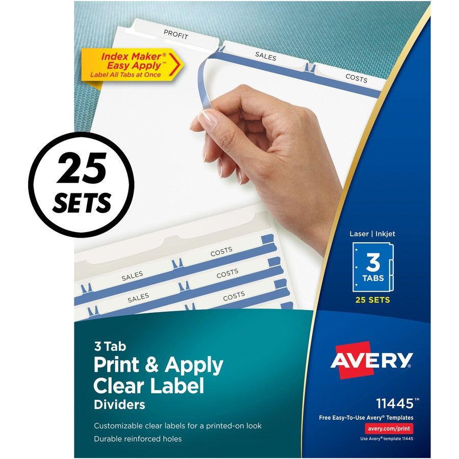 Avery Print & Apply Clear Label Dividers, 75 Dividers, 3 Blank White Tabs per Set, 8.5" x 11", Letter Size, 3-Hole Punched, 20% Recycled, Tear Resistant, Durable, 1 Box