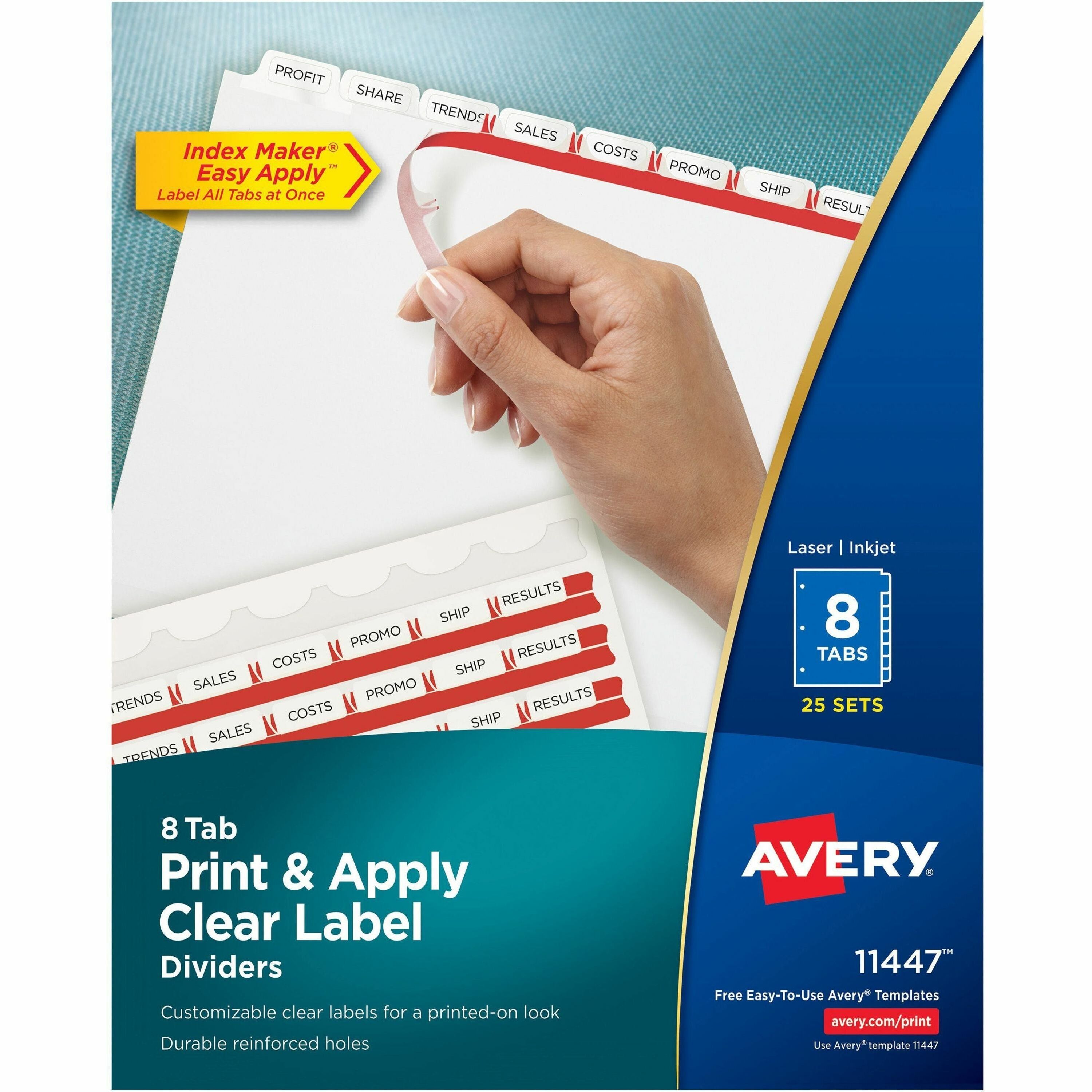 Avery Print & Apply Clear Label Dividers, 200 Dividers, 8 Blank Tabs per Set, 8.5" x 11", Letter Size, 3-Hole Punched, White, 1 Box, 20% Recycled Content