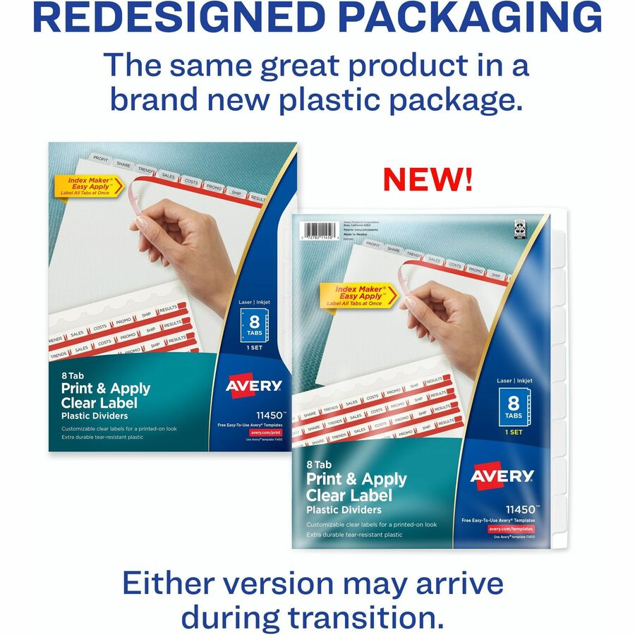 Avery Index Maker 8-Tab Translucent Plastic Dividers, 8.5" x 11", 3-Hole Punched, Frosted Clear Tabs, Printable, Durable, Tear Resistant, One Set of 8 Dividers