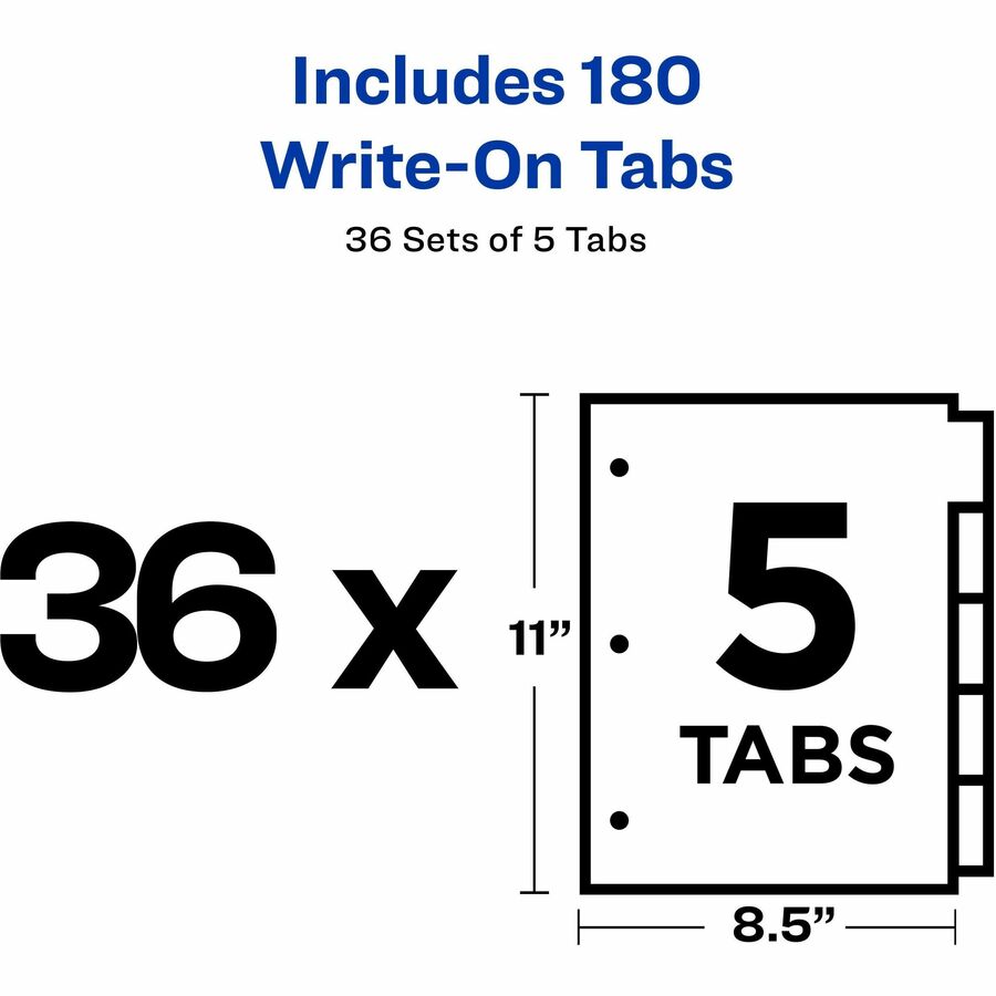 Avery&reg; Plain Tab Write-On Dividers - 5 x Divider(s) - 5 Tab(s)/Set - 8.5" Divider Width x 11" Divider Length - Letter - 3 Hole Punched - White Tab(s) - 20% Recycled - Reinforced, Non-laminated - 1 Box