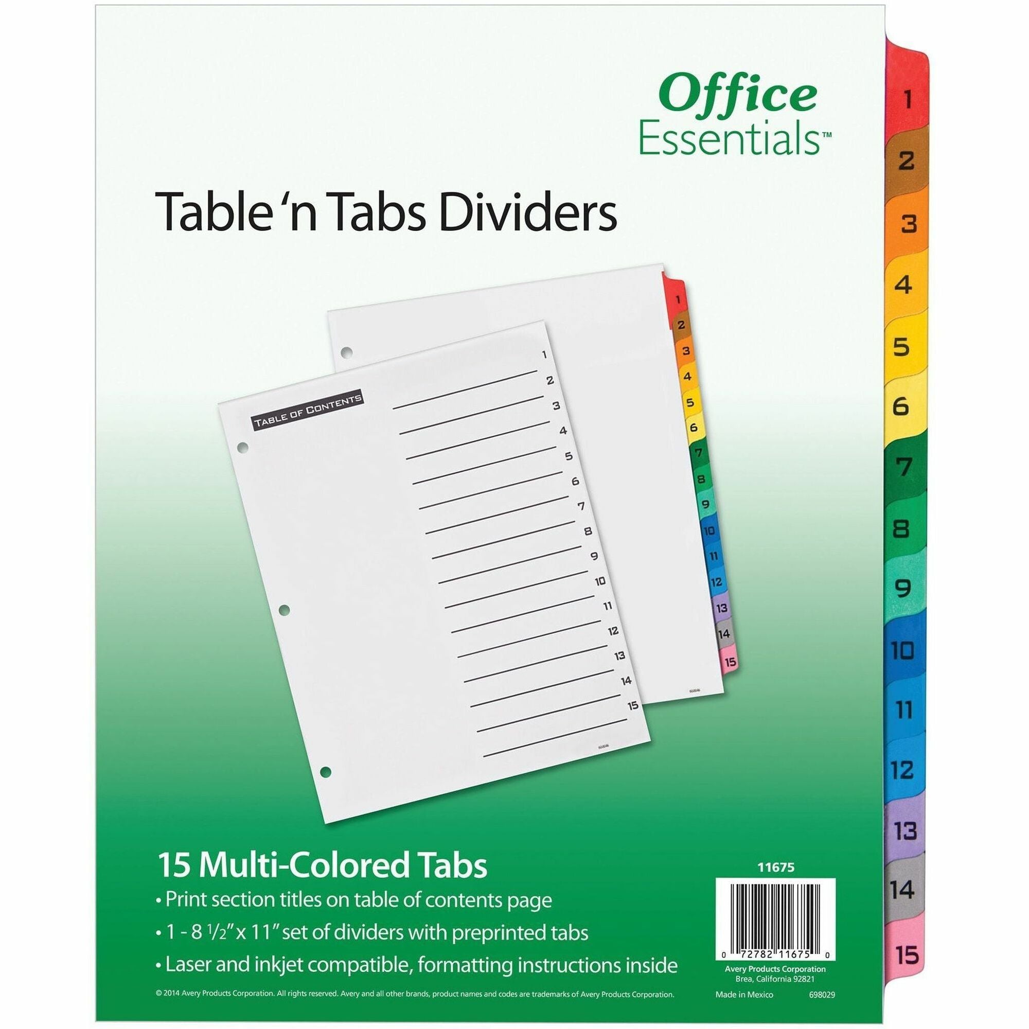 Avery Office Essentials Table 'n Tabs Dividers, 15 Dividers per Set, Numbered 1-15, Letter Size, 8.5" x 11", 3-Hole Punched, White Paper with Multicolor Reinforced Tabs, 1 Set