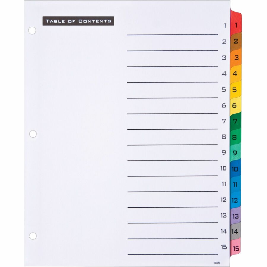 Avery Office Essentials Table 'n Tabs Dividers, 15 Dividers per Set, Numbered 1-15, Letter Size, 8.5" x 11", 3-Hole Punched, White Paper with Multicolor Reinforced Tabs, 1 Set