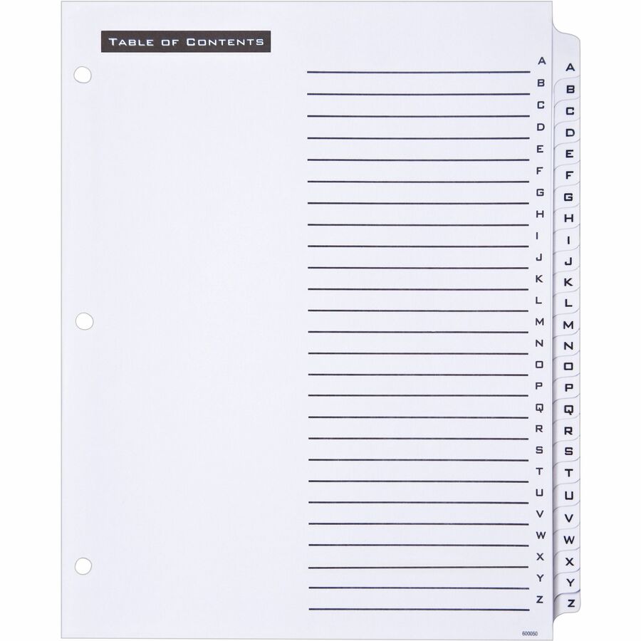 Avery&reg; A-Z Table 'N Tabs Dividers - 26 x Divider(s) - A-Z - 26 Tab(s)/Set - 8.5" Divider Width x 11" Divider Length - 3 Hole Punched - White Paper Divider - Black Paper, White Tab(s) - 1 Set