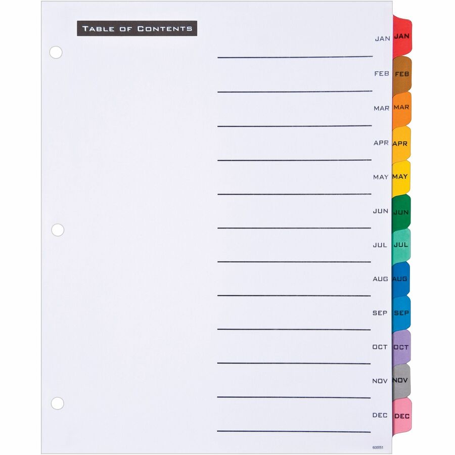12 x Divider(s) - Jan-Dec - 12 Tab(s)/Set - 8.5" Divider Width x 11" Divider Length - 3 Hole Punched - White Paper Divider - Multicolor Paper Tab(s) - 1 Set