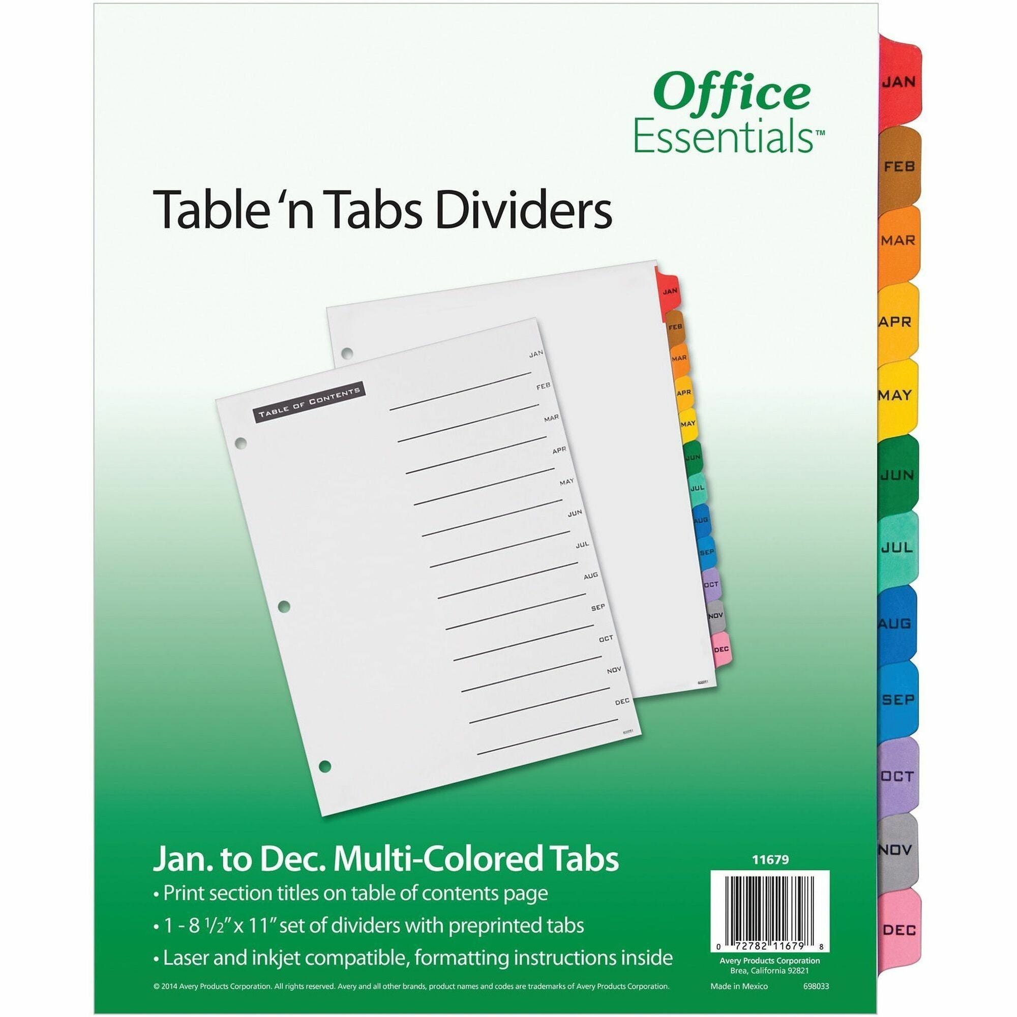 12 x Divider(s) - Jan-Dec - 12 Tab(s)/Set - 8.5" Divider Width x 11" Divider Length - 3 Hole Punched - White Paper Divider - Multicolor Paper Tab(s) - 1 Set