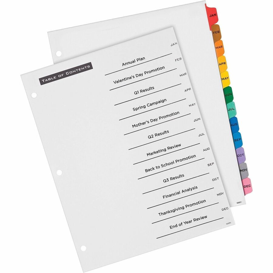 12 x Divider(s) - Jan-Dec - 12 Tab(s)/Set - 8.5" Divider Width x 11" Divider Length - 3 Hole Punched - White Paper Divider - Multicolor Paper Tab(s) - 1 Set