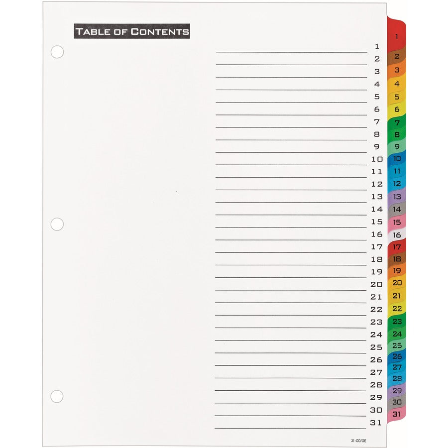 Avery&reg; Table 'N Tabs Daily Dividers - 31 x Divider(s) - 1-31 - 31 Tab(s)/Set - 8.5" Divider Width x 11" Divider Length - 3 Hole Punched - White Paper Divider - Multicolor Paper Tab(s) - 1 Set