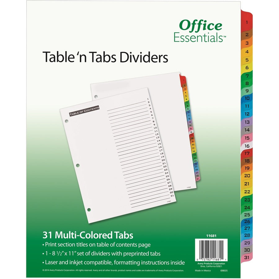 Avery&reg; Table 'N Tabs Daily Dividers - 31 x Divider(s) - 1-31 - 31 Tab(s)/Set - 8.5" Divider Width x 11" Divider Length - 3 Hole Punched - White Paper Divider - Multicolor Paper Tab(s) - 1 Set