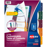 Avery&reg; Ready Index Customizable TOC Binder Dividers - 5 x Divider(s) - 1-5 - 5 Tab(s)/Set - 8.5" Divider Width x 11" Divider Length - 3 Hole Punched - Clear Plastic Divider - Multicolor Plastic Tab(s) - 1 Set