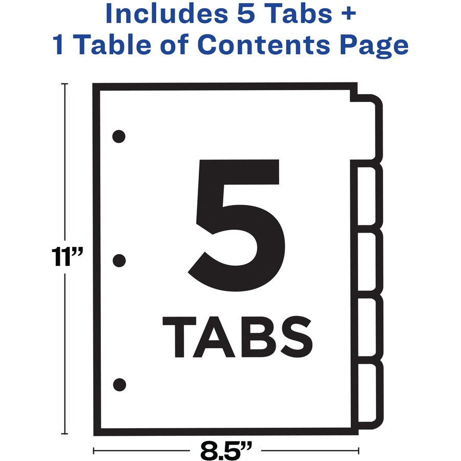 Avery&reg; Ready Index Customizable TOC Binder Dividers - 5 x Divider(s) - 1-5 - 5 Tab(s)/Set - 8.5" Divider Width x 11" Divider Length - 3 Hole Punched - Clear Plastic Divider - Multicolor Plastic Tab(s) - 1 Set