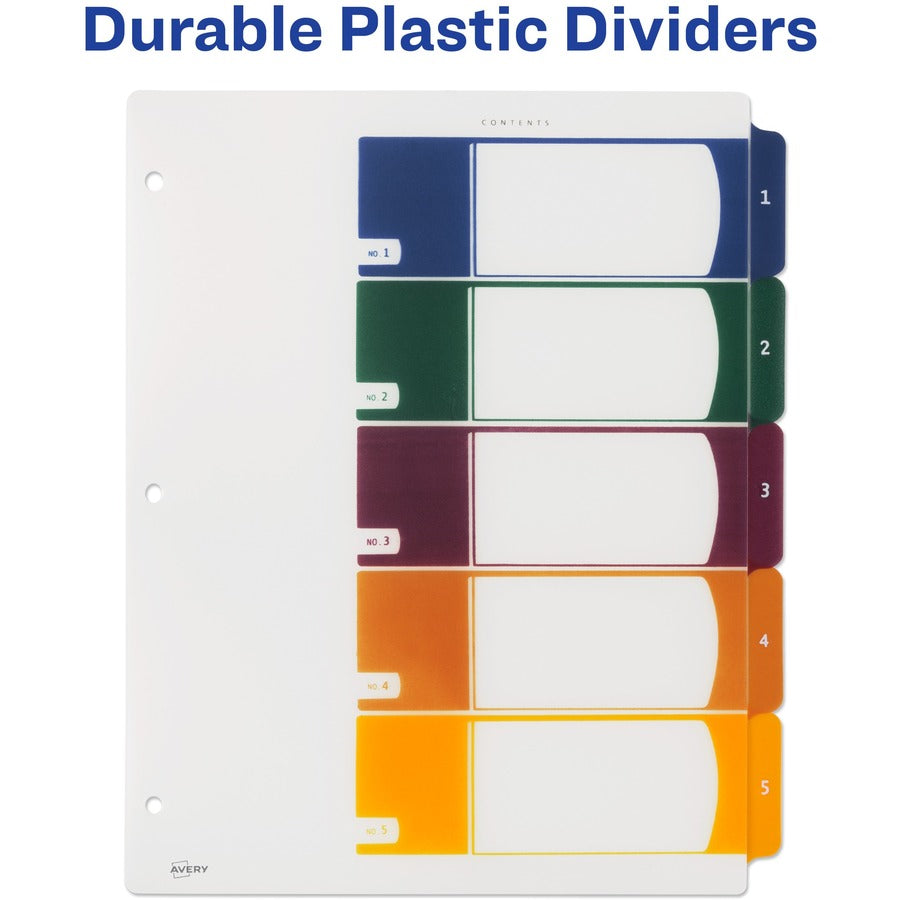 Avery&reg; Ready Index Customizable TOC Binder Dividers - 5 x Divider(s) - 1-5 - 5 Tab(s)/Set - 8.5" Divider Width x 11" Divider Length - 3 Hole Punched - Clear Plastic Divider - Multicolor Plastic Tab(s) - 1 Set