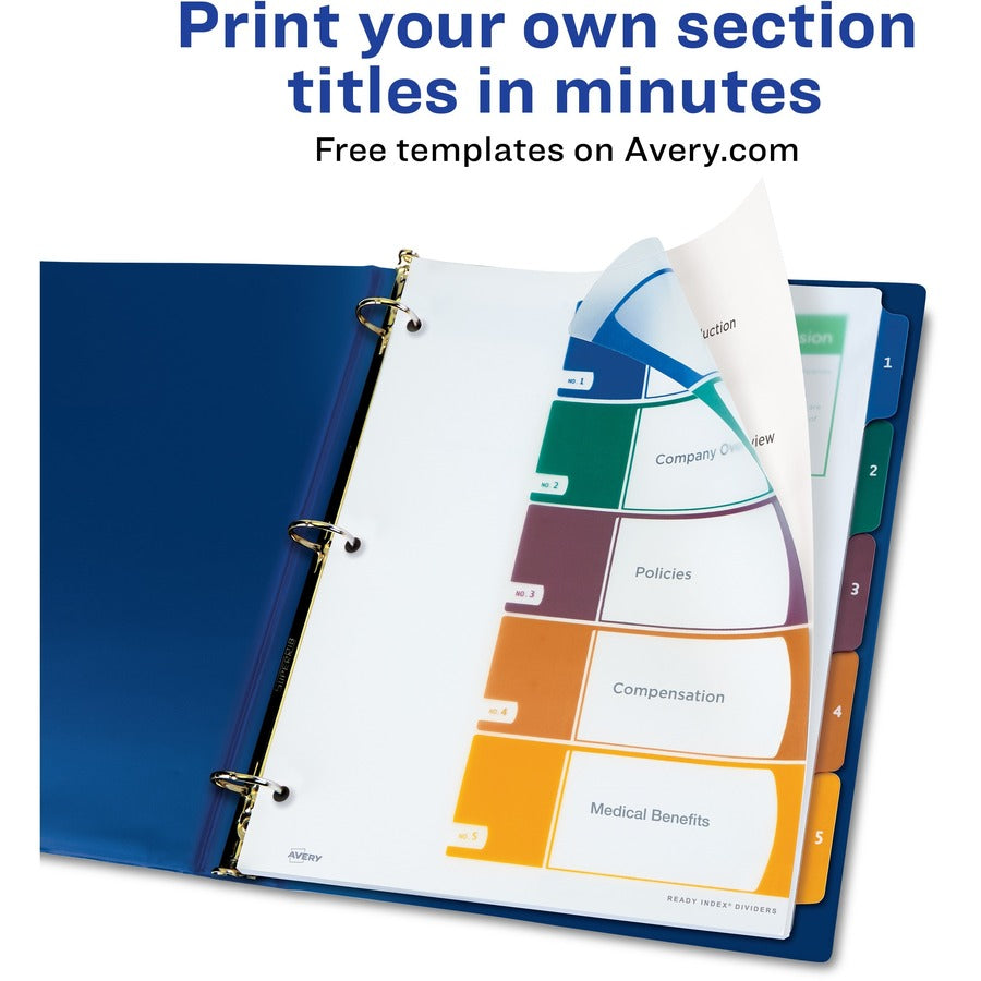 Avery&reg; Ready Index Customizable TOC Binder Dividers - 5 x Divider(s) - 1-5 - 5 Tab(s)/Set - 8.5" Divider Width x 11" Divider Length - 3 Hole Punched - Clear Plastic Divider - Multicolor Plastic Tab(s) - 1 Set