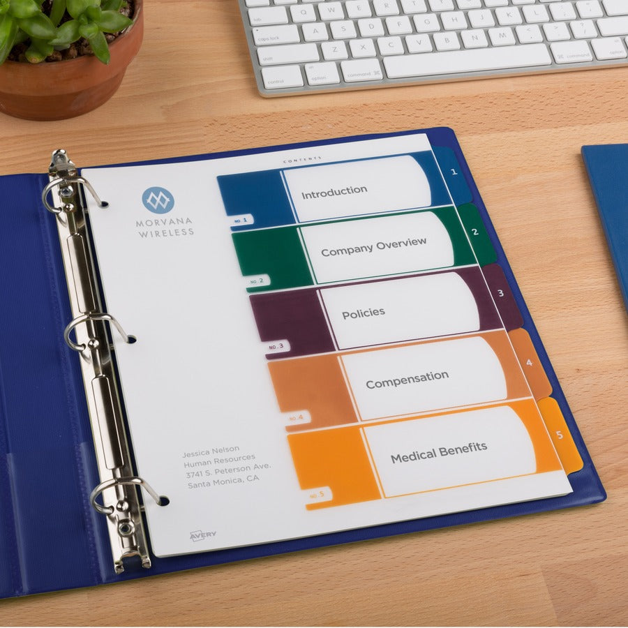 Avery&reg; Ready Index Customizable TOC Binder Dividers - 5 x Divider(s) - 1-5 - 5 Tab(s)/Set - 8.5" Divider Width x 11" Divider Length - 3 Hole Punched - Clear Plastic Divider - Multicolor Plastic Tab(s) - 1 Set