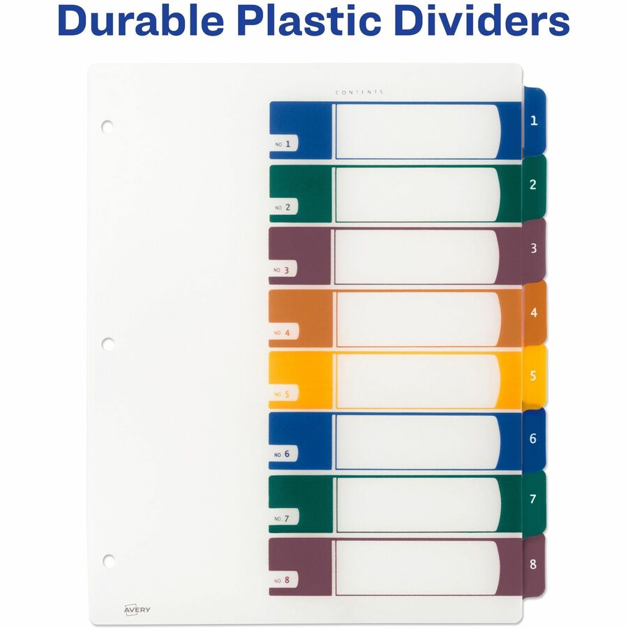 Avery&reg; Ready Index Customizable TOC Binder Dividers - 8 x Divider(s) - 8 Tab(s) - 1-8 - 8 Tab(s)/Set - 8.5" Divider Width x 11" Divider Length - 3 Hole Punched - Clear Plastic Divider - Multicolor Plastic Tab(s) - 1 Set