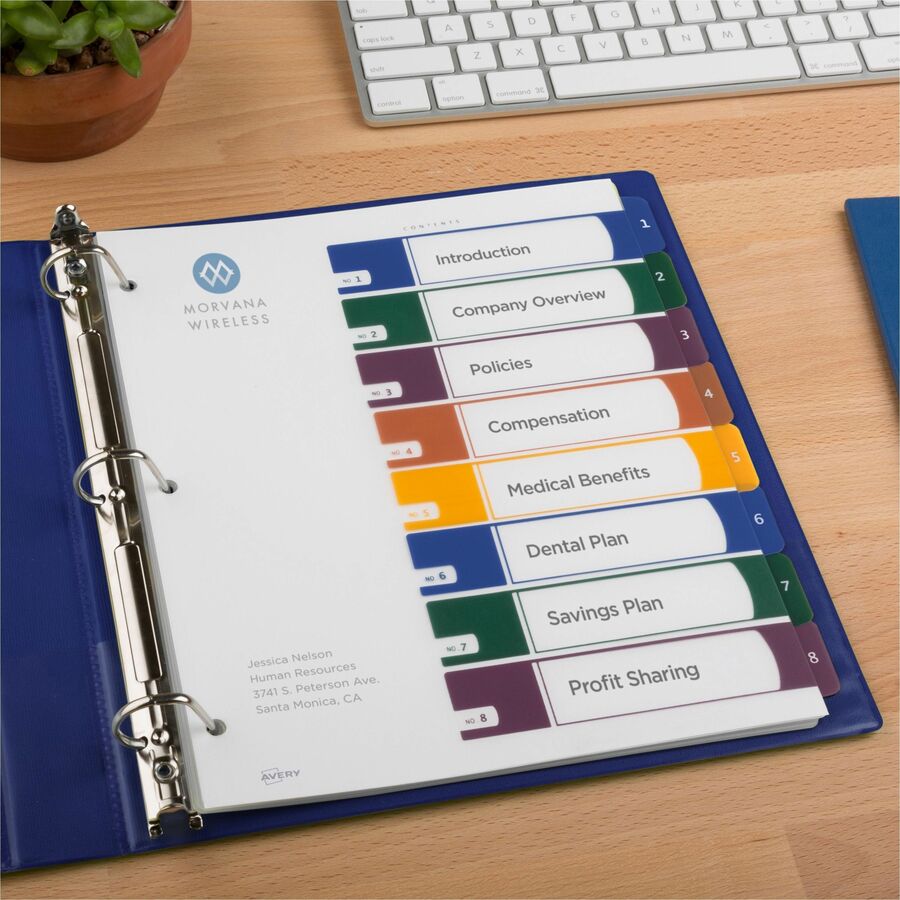Avery&reg; Ready Index Customizable TOC Binder Dividers - 8 x Divider(s) - 8 Tab(s) - 1-8 - 8 Tab(s)/Set - 8.5" Divider Width x 11" Divider Length - 3 Hole Punched - Clear Plastic Divider - Multicolor Plastic Tab(s) - 1 Set