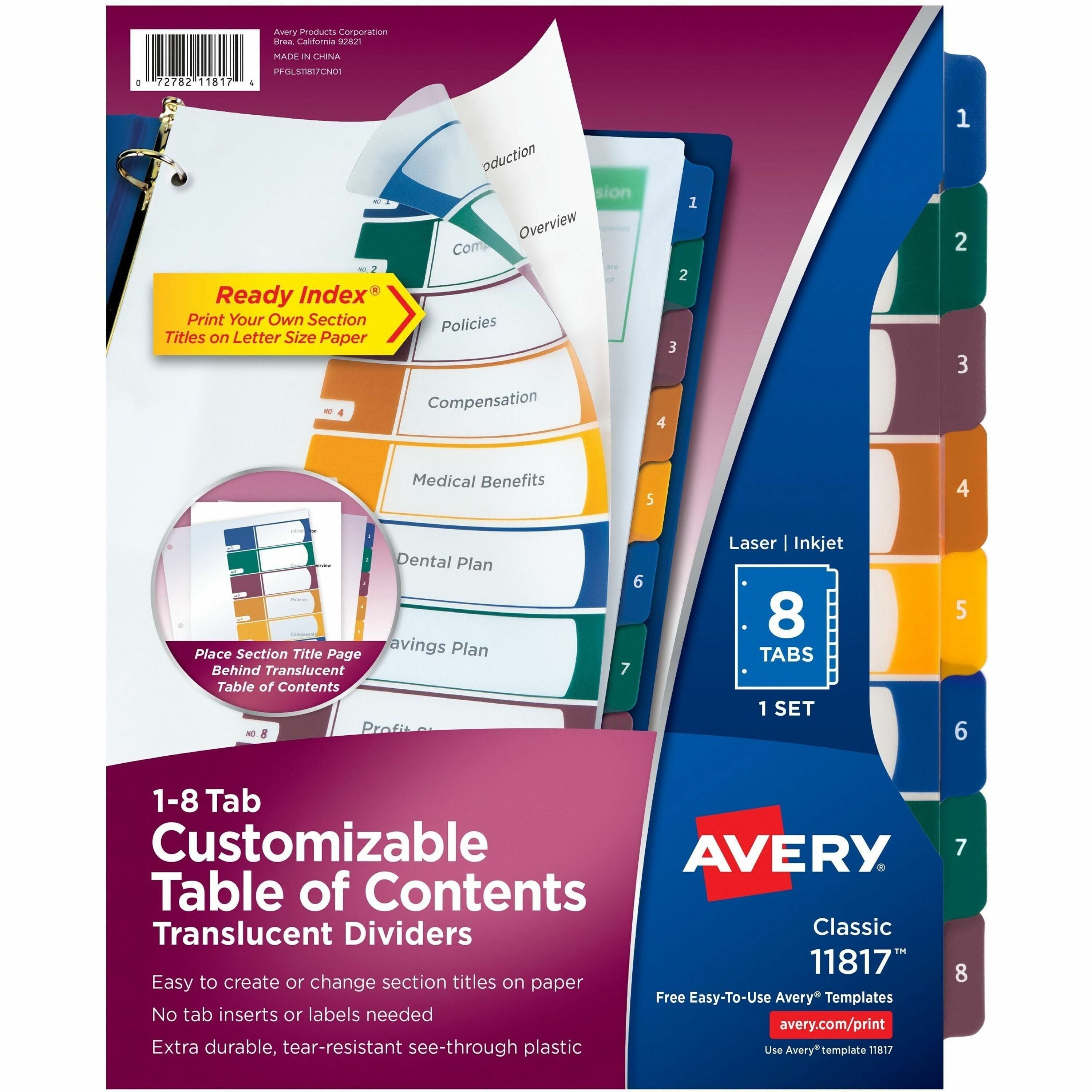 Avery&reg; Ready Index Customizable TOC Binder Dividers - 8 x Divider(s) - 8 Tab(s) - 1-8 - 8 Tab(s)/Set - 8.5" Divider Width x 11" Divider Length - 3 Hole Punched - Clear Plastic Divider - Multicolor Plastic Tab(s) - 1 Set