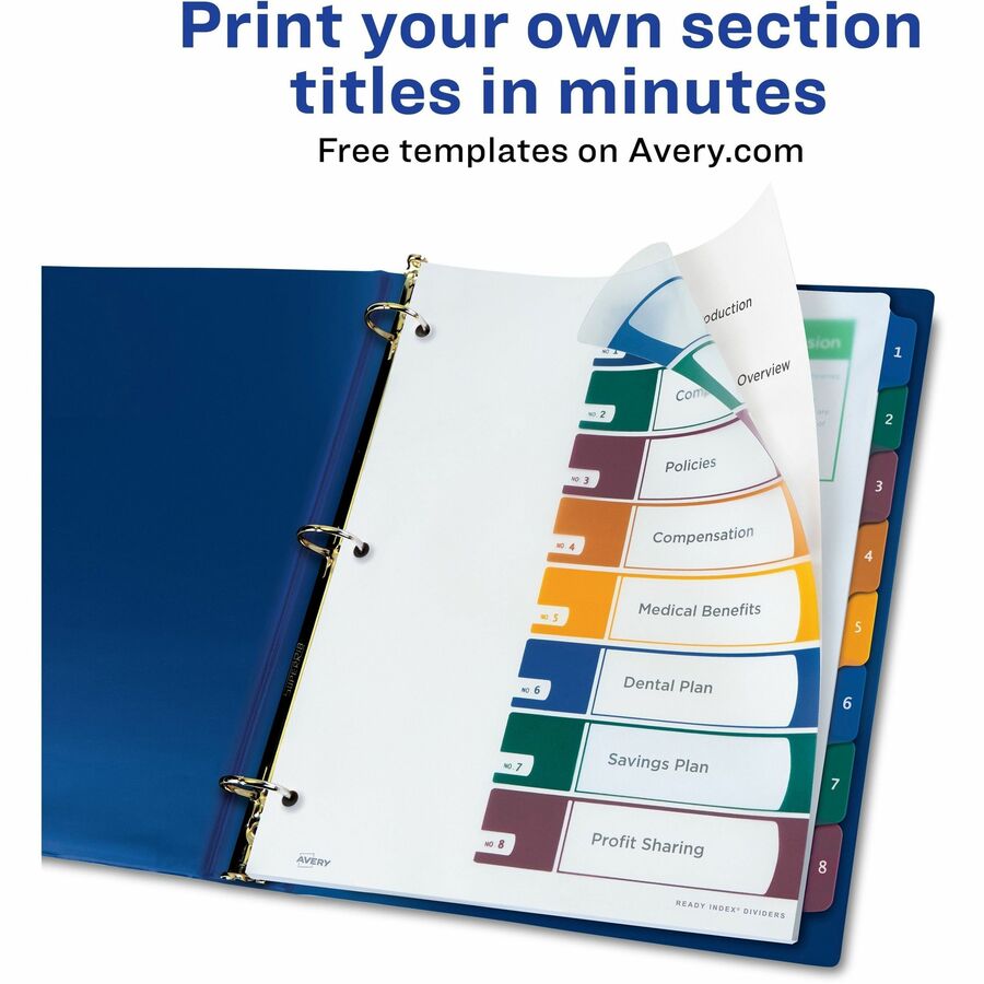 Avery&reg; Ready Index Customizable TOC Binder Dividers - 8 x Divider(s) - 8 Tab(s) - 1-8 - 8 Tab(s)/Set - 8.5" Divider Width x 11" Divider Length - 3 Hole Punched - Clear Plastic Divider - Multicolor Plastic Tab(s) - 1 Set