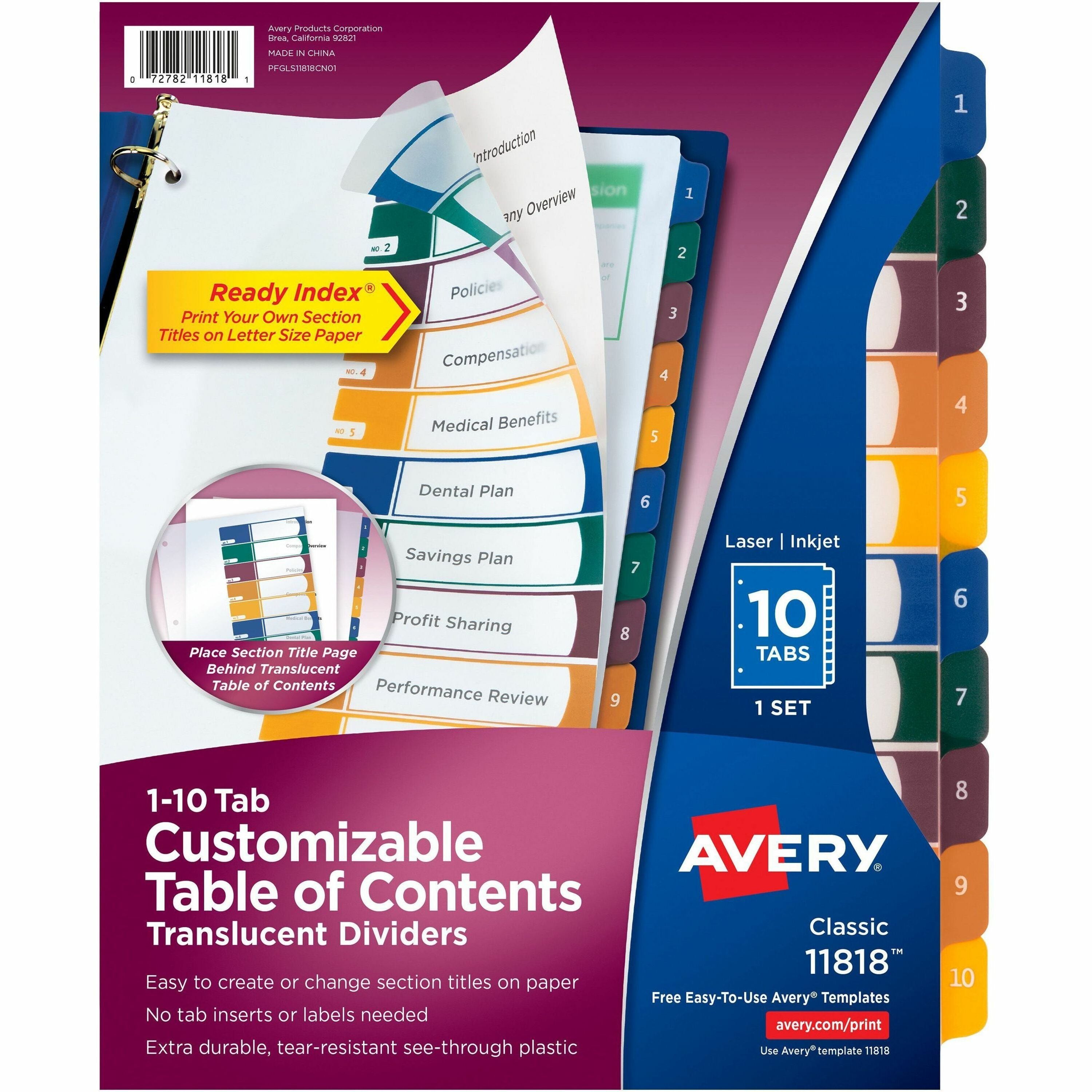 Avery&reg; Ready Index Customizable TOC Binder Dividers - 10 x Divider(s) - 10 Tab(s) - 1-10 - 10 Tab(s)/Set - 8.5" Divider Width x 11" Divider Length - 3 Hole Punched - Clear Plastic Divider - Multicolor Plastic Tab(s) - 1 Set