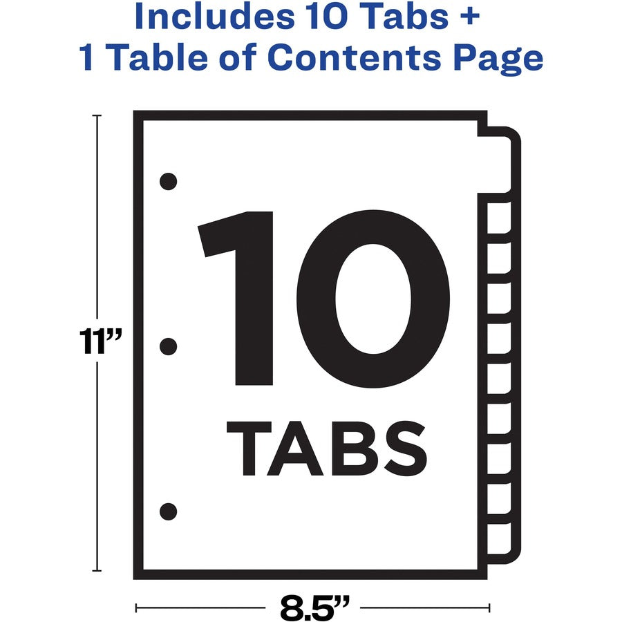 Avery&reg; Ready Index Customizable TOC Binder Dividers - 10 x Divider(s) - 10 Tab(s) - 1-10 - 10 Tab(s)/Set - 8.5" Divider Width x 11" Divider Length - 3 Hole Punched - Clear Plastic Divider - Multicolor Plastic Tab(s) - 1 Set