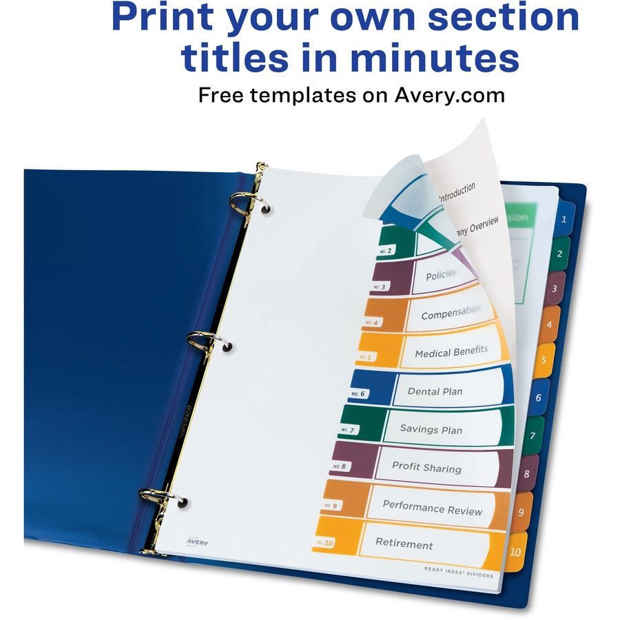 Avery&reg; Ready Index Customizable TOC Binder Dividers - 10 x Divider(s) - 10 Tab(s) - 1-10 - 10 Tab(s)/Set - 8.5" Divider Width x 11" Divider Length - 3 Hole Punched - Clear Plastic Divider - Multicolor Plastic Tab(s) - 1 Set