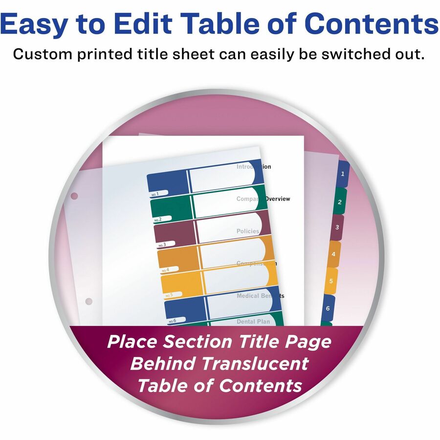 Avery&reg; Ready Index Customizable TOC Binder Dividers - 10 x Divider(s) - 10 Tab(s) - 1-10 - 10 Tab(s)/Set - 8.5" Divider Width x 11" Divider Length - 3 Hole Punched - Clear Plastic Divider - Multicolor Plastic Tab(s) - 1 Set