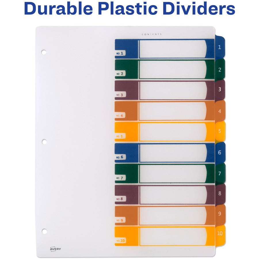 Avery&reg; Ready Index Customizable TOC Binder Dividers - 10 x Divider(s) - 10 Tab(s) - 1-10 - 10 Tab(s)/Set - 8.5" Divider Width x 11" Divider Length - 3 Hole Punched - Clear Plastic Divider - Multicolor Plastic Tab(s) - 1 Set