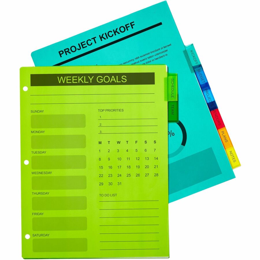 8 x Divider(s) - 8 - 8 Tab(s)/Set - 8.5" Divider Width x 11" Divider Length - 3 Hole Punched - Translucent Plastic Divider - Multicolor Plastic Tab(s) - Customizable, Hole-punched, Insertable, Sturdy, Durable, Tear Resistant, Flexible, PVC-free - 1 Set